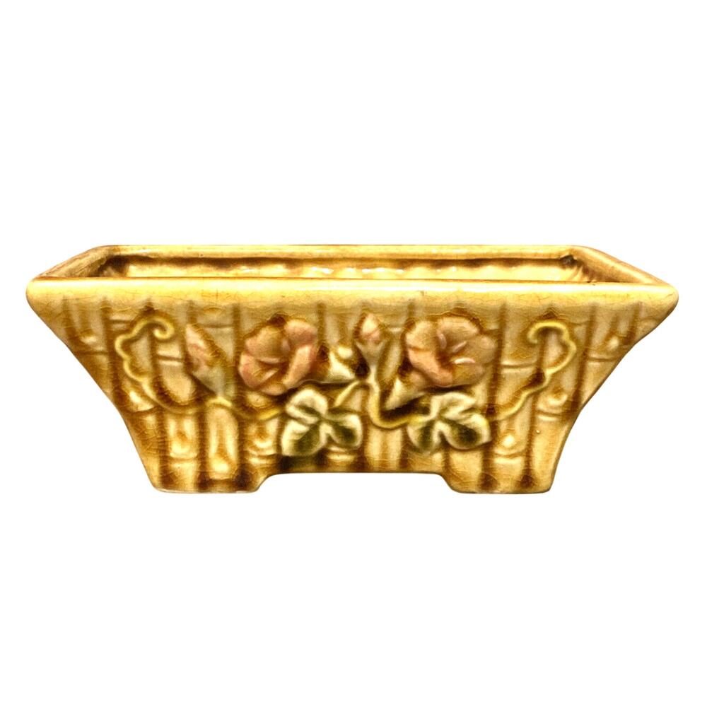 Vintage Mid Century Floral Bamboo Ceramic Planter 6.125" Long